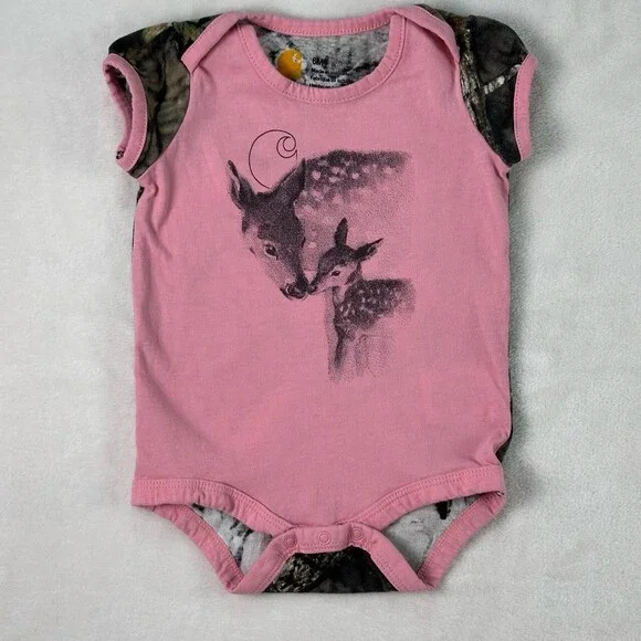 CARHARTT Pink Mossy Oak Hunting Deer Graphic Camo Sleeve Infant Girl Bodysuit 6M - Picture 2 of 13